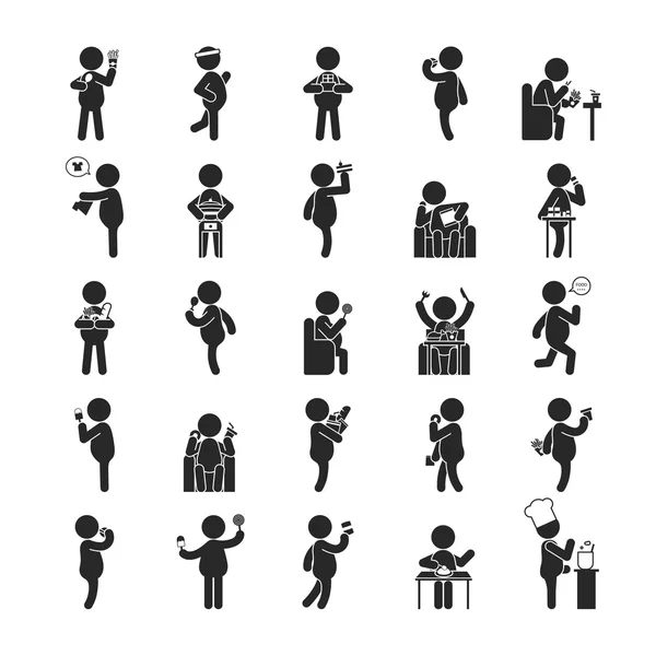 Conjunto de atividades de homem gordo, ícones de pictograma humano — Vetor de Stock