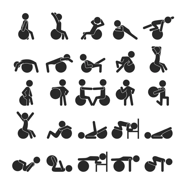 Conjunto de humanos con bola de ejercicio, iconos del pictograma humano — Archivo Imágenes Vectoriales