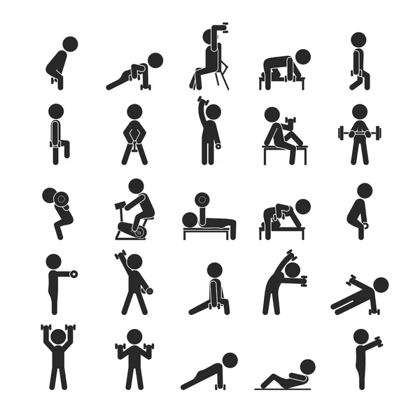 Set of dumbbell exercises character , Human pictogram Icons — Stock Vector