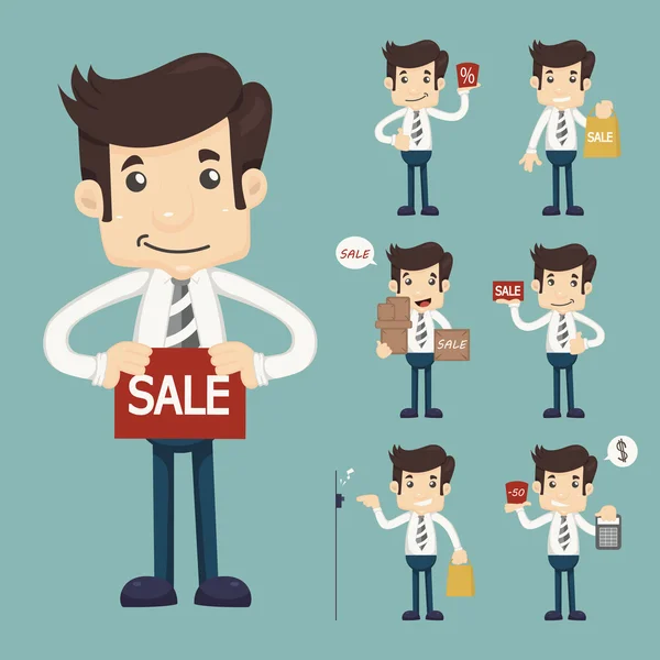 Set of youg sale man at market shopping store — Stock Vector