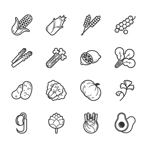 Conjunto de vegetais e ícones de frutas — Vetor de Stock
