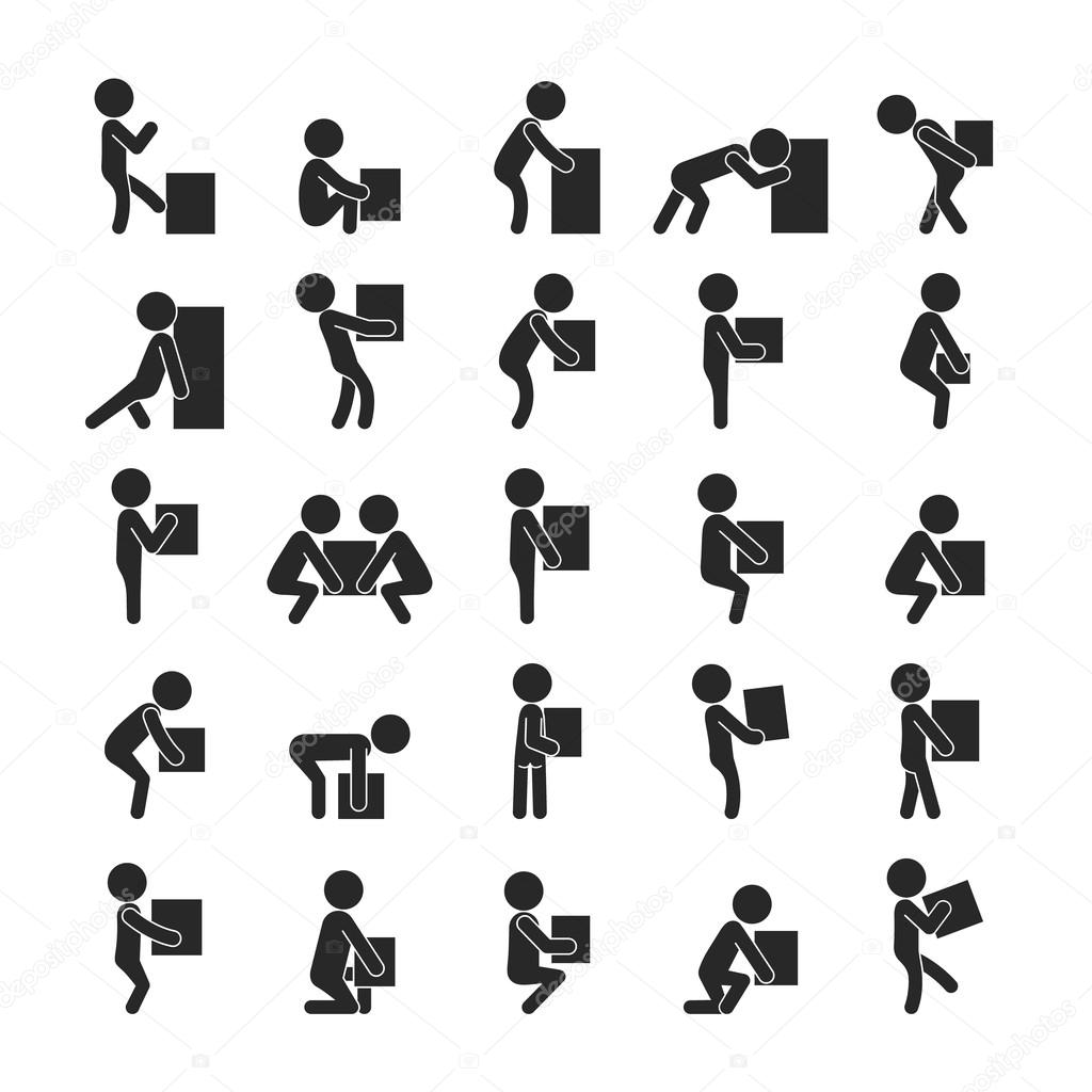 Set of man moving box, Human pictogram Icons