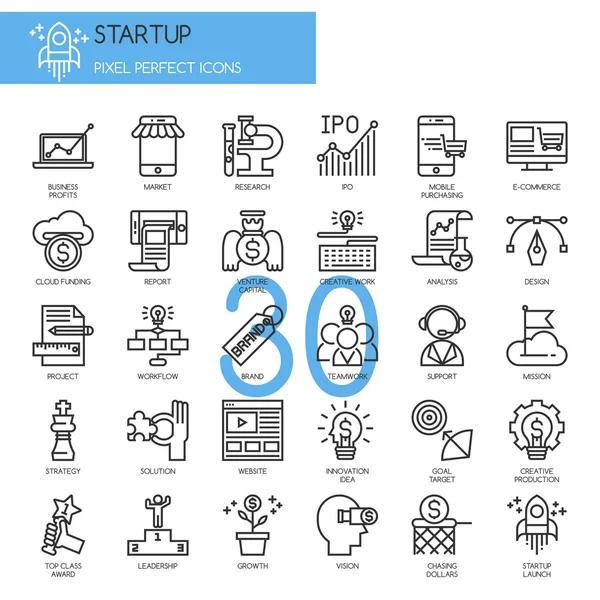 Inicio de negocio y lanzamiento, conjunto de iconos de línea delgada — Vector de stock