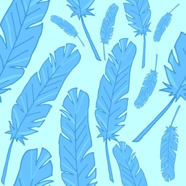 Tüyleri olan kusursuz bir arka plan. Arka plan. Şablon kusursuz. Vektör çizimi. Elle çizilmiş. Bir sürü tüy. Stock vektör illüstrasyonu. Mavi tüy..