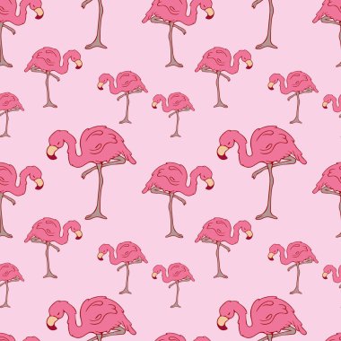 Kusursuz desen. Flamingolar. Karalama. Contour kuşu. Birleşme. Pembe flamingo. Pembe renk