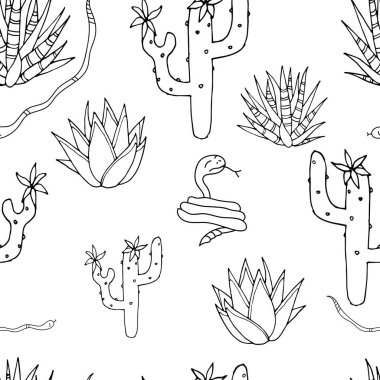 Kusursuz desen. Kaktüs ve yılan. Vektör.