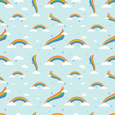 Kusursuz desen. Gökkuşağı. Gökkuşağı arka planı. Vektör çizimi. Hisse senedi. Beyaz bulut. Mavi arkaplan.