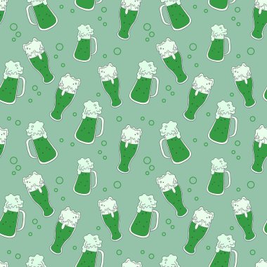 Kusursuz desen. Gözlüklü arka plan. Köpüklü içecek. Vektör çizimi. Hisse senedi. - Bira. Yeşil desen.