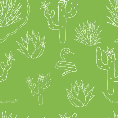 Kusursuz desen. Kaktüs ve yılan. Vektör. Yeşil arkaplan.