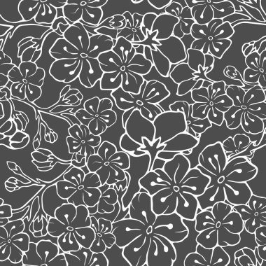 Kiraz çiçekleriyle kusursuz bir arka plan. Vektör çizimi. Görüntü eşleşmesi. Hisse senedi. Kiraz. Gri arka plan. Grafik