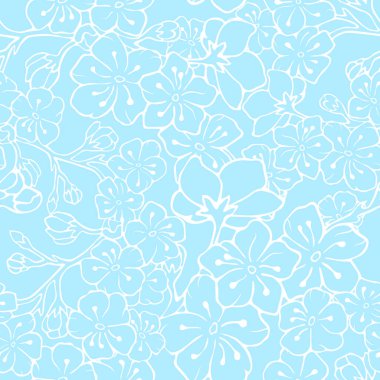 Kiraz çiçekleriyle kusursuz bir arka plan. Vektör çizimi. Görüntü eşleşmesi. Hisse senedi. Kiraz. Mavi arka plan. Beyaz özet