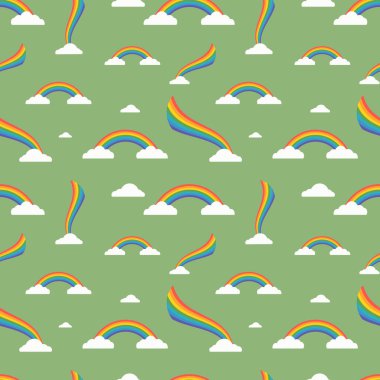 Kusursuz desen. Gökkuşağı. Gökkuşağı arka planı. Vektör çizimi. Hisse senedi. Beyaz bulut. Yeşil arkaplan