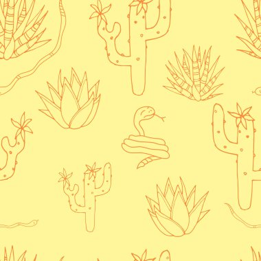 Kusursuz desen. Kaktüs ve yılan. Vektör. Sarı arkaplan.