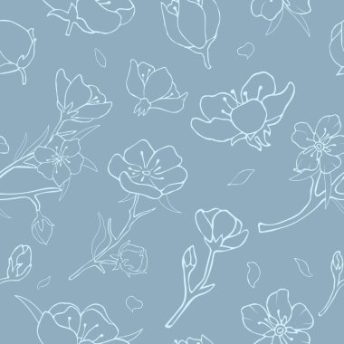 Kiraz çiçekleriyle kusursuz bir arka plan. Vektör çizimi. Hisse senedi. Sakura. Çiçek izi. Gri arka plan. Beyaz özet