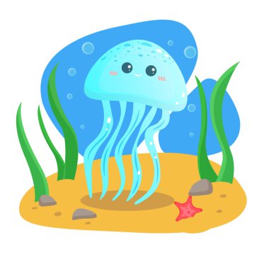  Yaz tebrik kartı. Kartpostal Vektör. Deniz tabanı. Mutlu Denizanaları