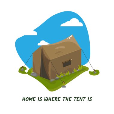  Kartpostal, çadırın olduğu yer evdir. Vektör çizimi. Doğada çadır..