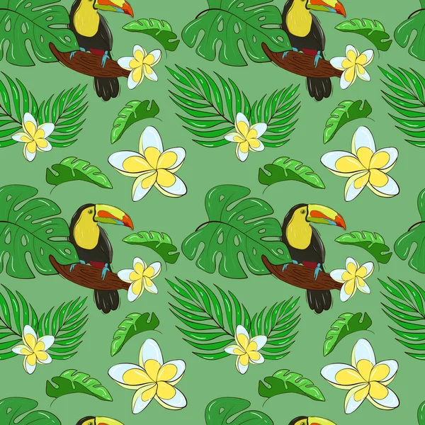 Seamless Background Tropical Birds Tropical Plants Toucan Branch Green Monstera — Stock Vector