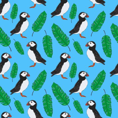 Tropikal kuşlar ve tropikal bitkilerle kusursuz bir arka plan. Güzel çıkmaz sokak. Yeşil muz yaprakları.