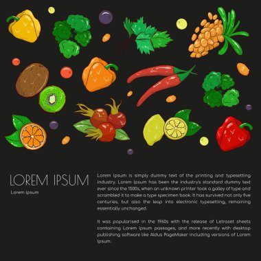 Elle çizilmiş sebze, meyve ve böğürtlen içeren tarımsal broşür. Sağlıklı beslenme için çeşitli organik ürünler. Metin için yer aç. Stok çizimi. Koyu arkaplan.