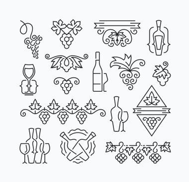 Wine, grapes and bottles' mono line elements