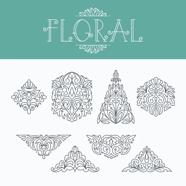 Línea delgada mono elementos decorativos florales de diseño — Vector de stock