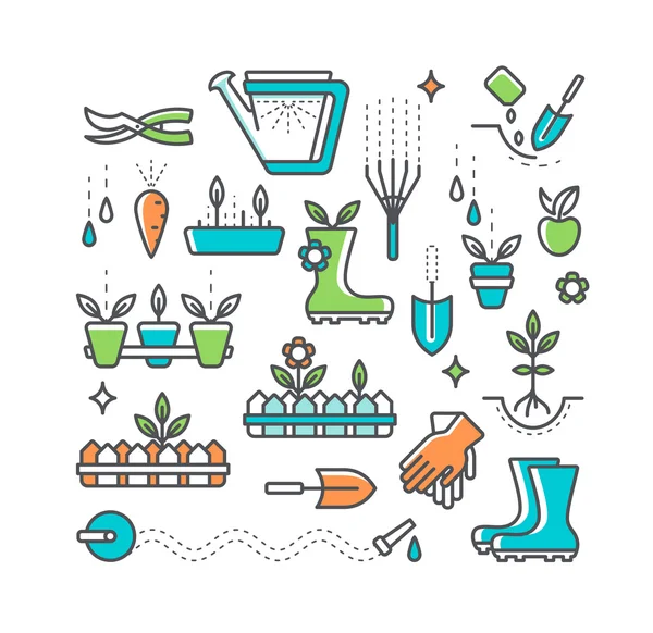 Linea colorata agricoltura e giardinaggio icone set . Vettoriale Stock
