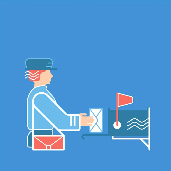 Flat illustration with postman and mailbox. — Stock Vector