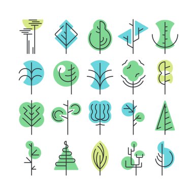 Çizgi ve renk geometrik ağaçlar, izole sembolleri, logolar ayarla