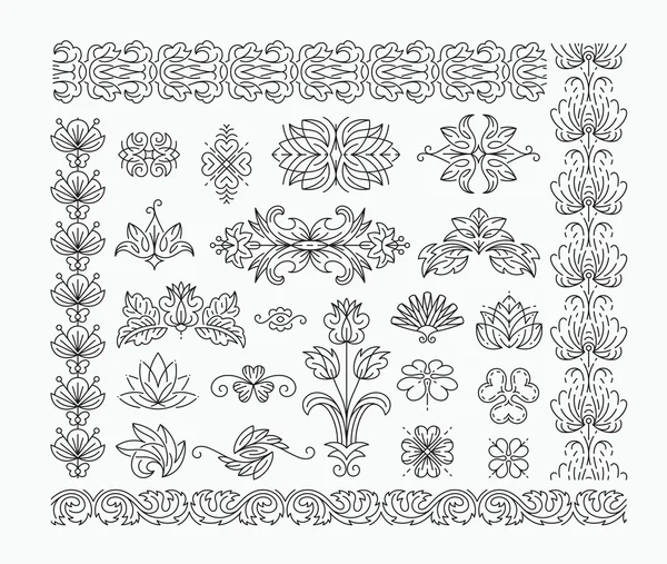 Elementos de diseño decorativo floral y pinceles de línea — Archivo Imágenes Vectoriales