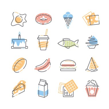 Gıda çizgisi ve renkli düz simgeler. 