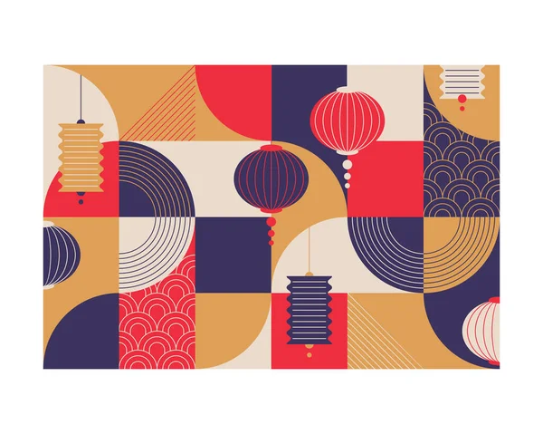 Decoratieve Platte Geometrie Ontwerp Chinese Lantaarns Nieuwjaar Patroon — Stockvector