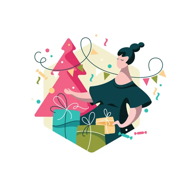 Mujer Divertida Con Regalos Decorando Árbol Navidad Preparación Para Celebración — Archivo Imágenes Vectoriales