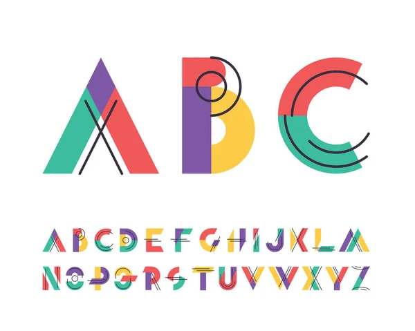Regels Kleurrijke Blokken Latin Font Grafische Decoratieve Alfabet — Stockvector