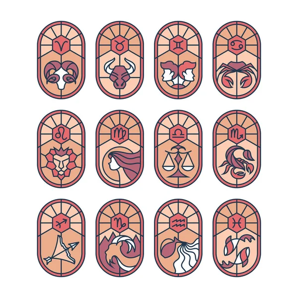 Grafisch Glas Lood Astrologische Symbolen Kleur Dierenriemtekens Mozaïek Illustraties — Stockvector