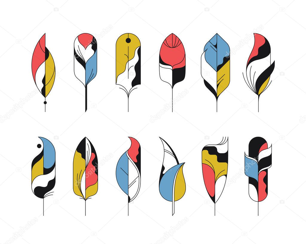 Graphical abstract isolated feathers' icons set.