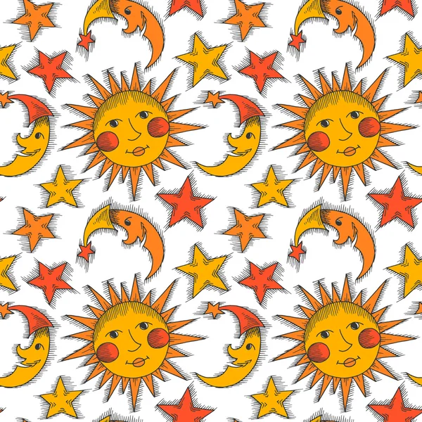 Seamless pattern with sun, moon and stars — Stock Vector