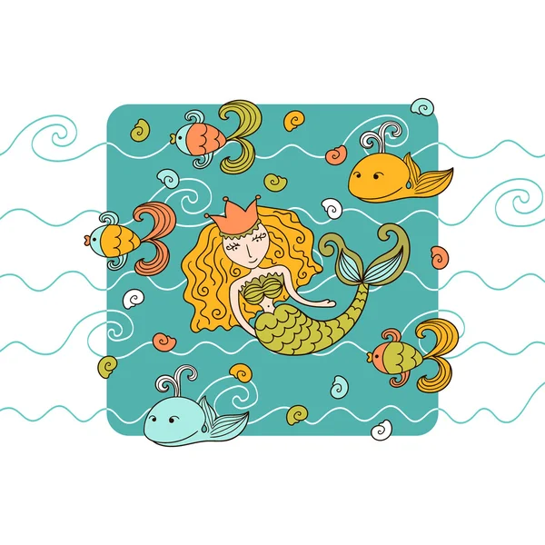Kreslené pozadí s mořskou pannu a mořských obyvatel — Stockový vektor