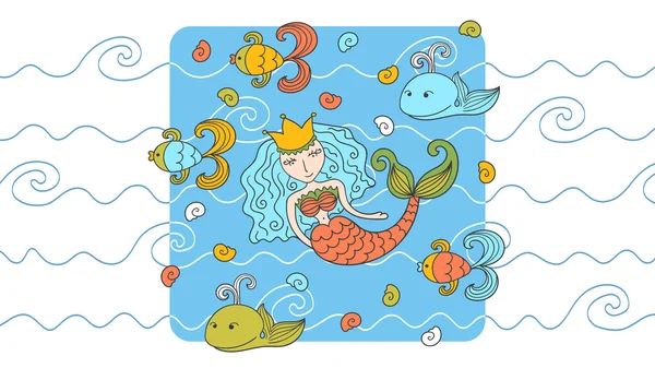 Fondo de dibujos animados con sirena y habitantes marinos — Vector de stock