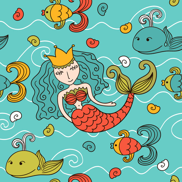 Cartoon seamless pattern with mermaid
