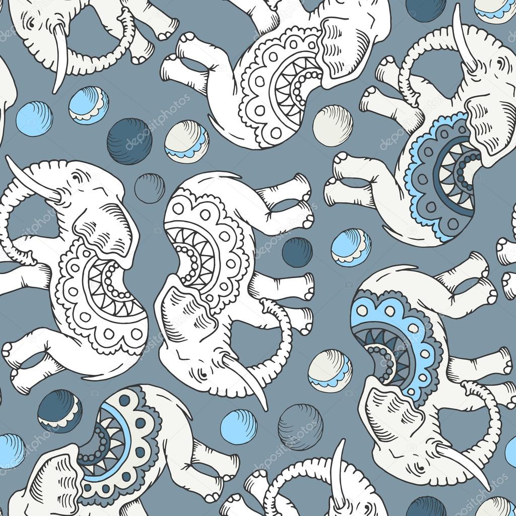 Seamless hand drawn pattern with elephants.