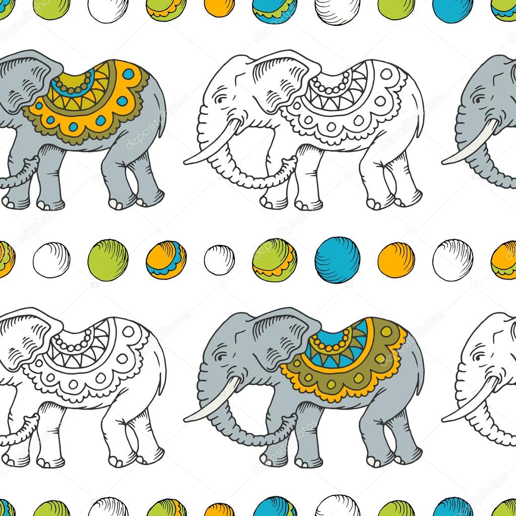 Seamless hand drawn pattern with elephants.