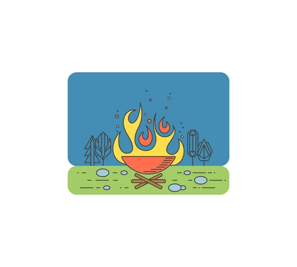 Campfire graphical illustration, tourist fire lineart. — Stock Vector