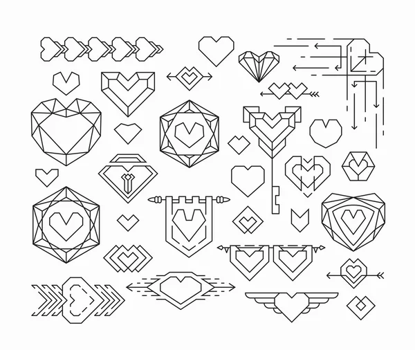 Set aus isolierten Herzen und romantischen Designelementen in dünner Linie — Stockvektor