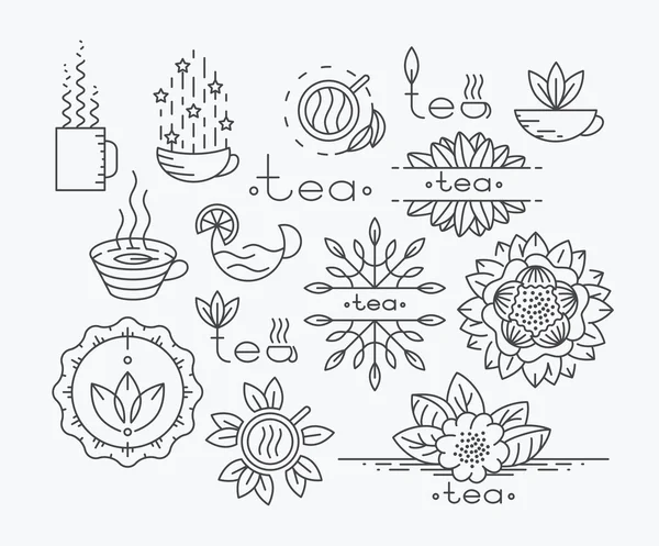 Diseño de té elementos de línea mono — Vector de stock