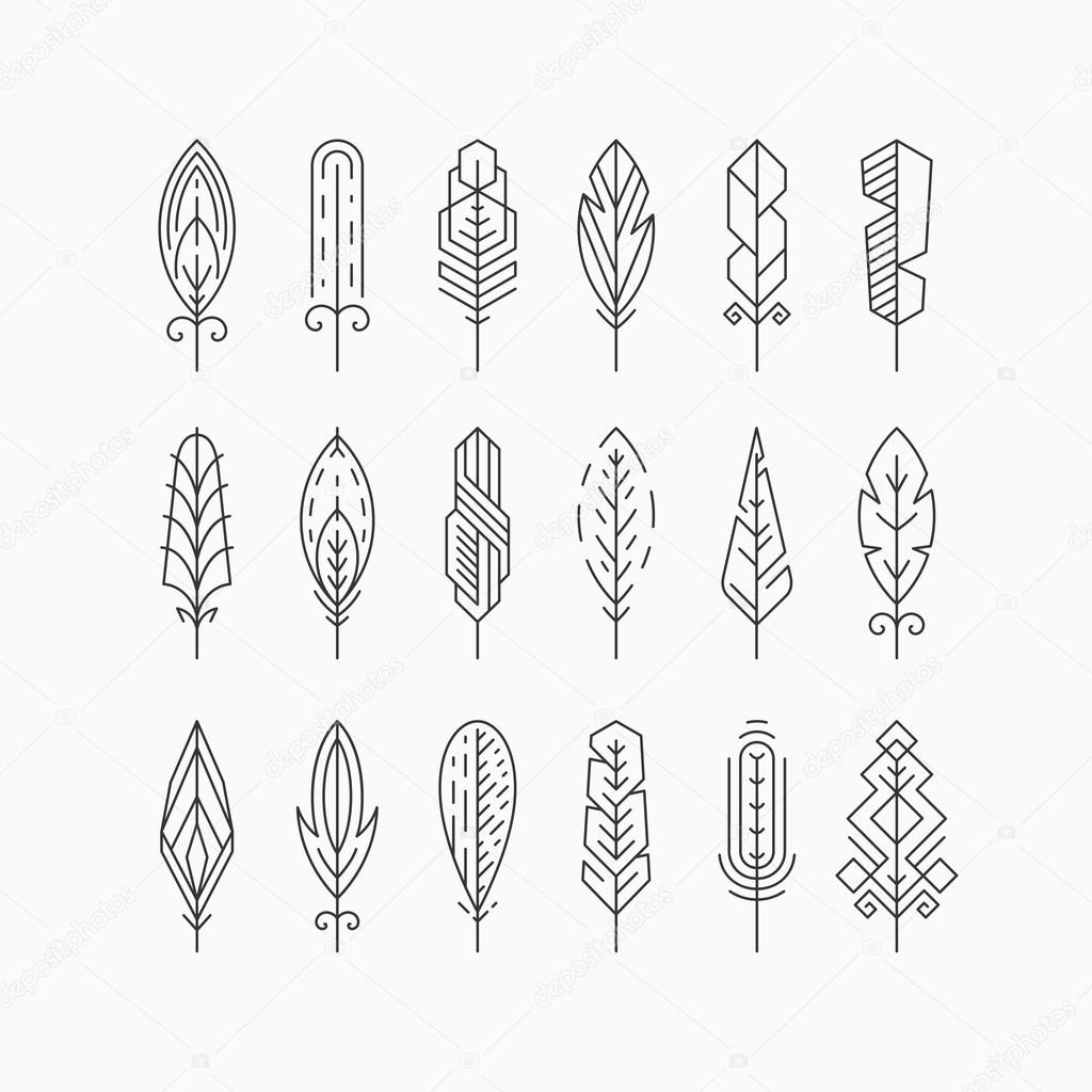 Graphical line feathers set. 