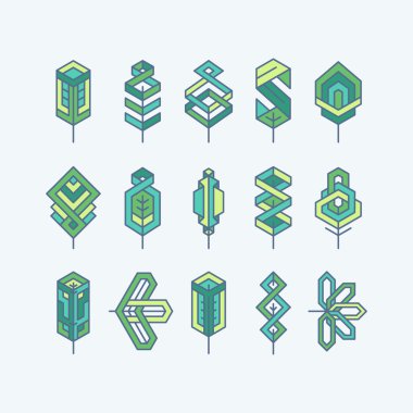 Green multicolor geometrical leaves, set of isolated symbols, lo