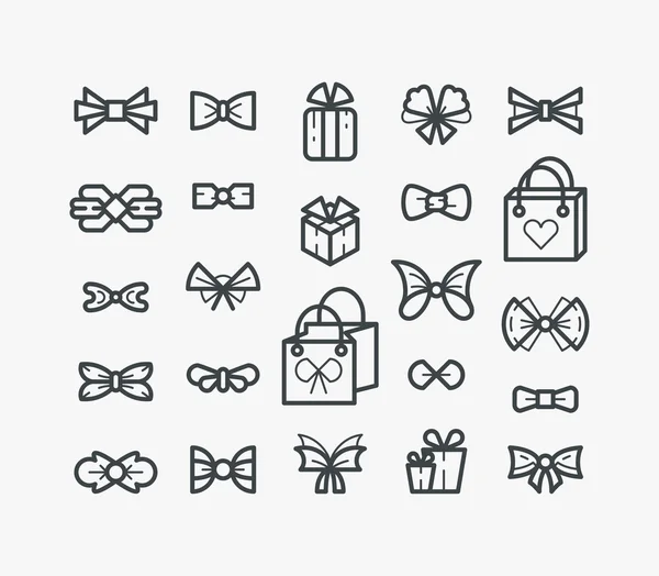 Set of line outline icons with bows and gifts — Stock Vector