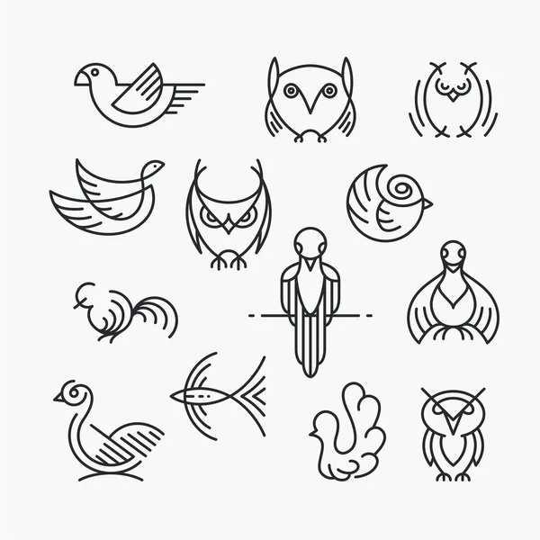 Conjunto de aves de desenho linear, símbolos isolados de aves de linha . — Vetor de Stock