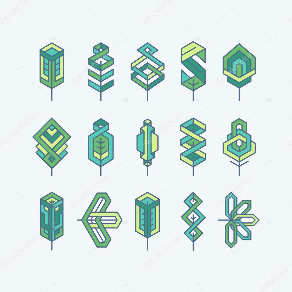 Green multicolor geometrical leaves, set of isolated symbols, logos.
