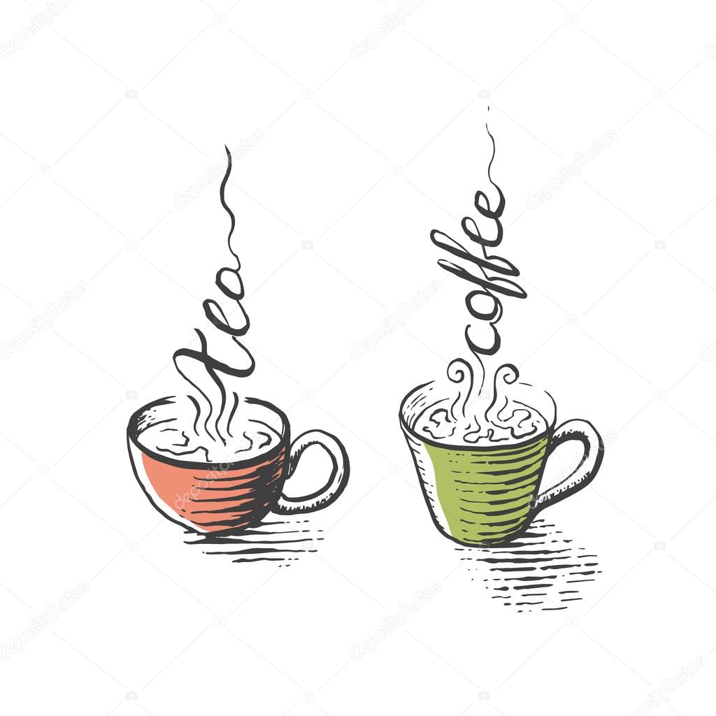 Isolated cups of tea and coffee, hand drawn